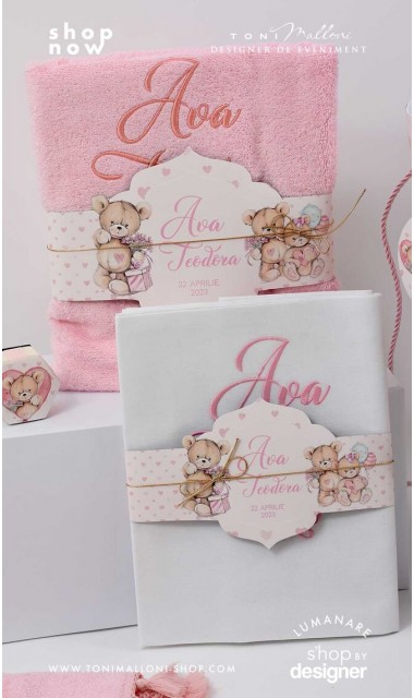 Trusou de botez cu ursuleti roz si inimioare Teddy Bear Pink Hearts 3